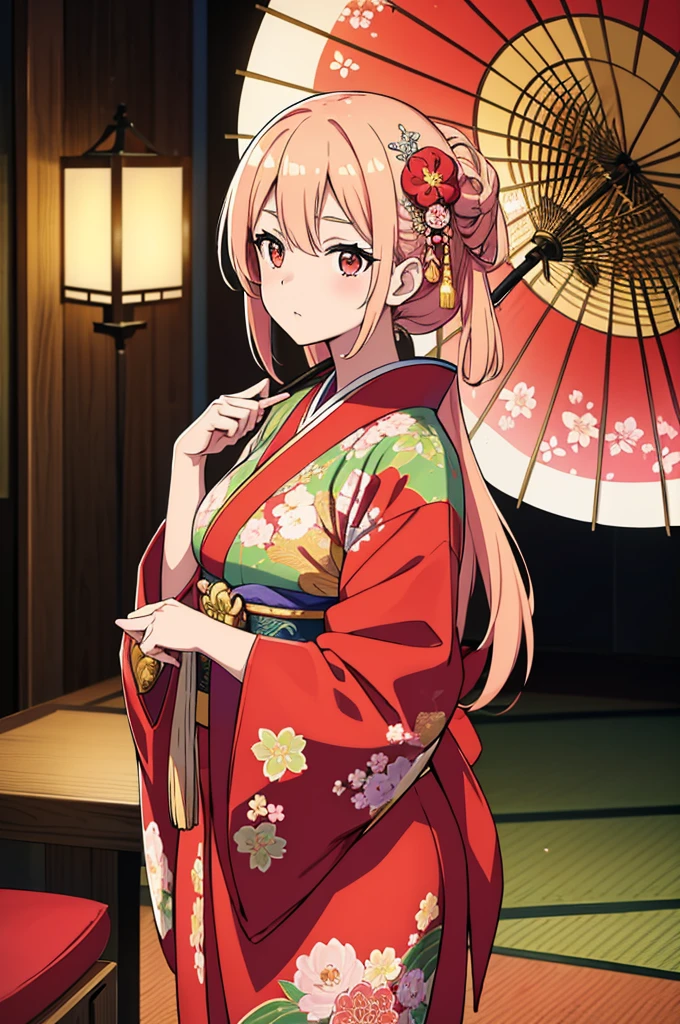 
A beautiful Japanese woman is depicted in a vertical, anime-style portrait set in a rich, vibrant background filled with traditional elements. She is dressed in an elaborate, brightly colored kimono adorned with intricate floral patterns and detailed embroidery. The kimono is primarily red with accents of gold, blue, and green, creating a striking and opulent appearance. Her hair is styled in an elaborate updo, adorned with traditional hair ornaments and flowers, enhancing her elegant and regal presence.

The background is a lush, traditional Japanese setting filled with blooming cherry blossoms and ornate decor. On one side of the scene, a large red paper umbrella with white patterns is placed, adding a classic touch to the setting. Traditional Japanese lanterns cast a warm, soft glow, illuminating the intricate details of the woman's kimono and the surrounding decor. The background features a mix of vibrant flowers in red, pink, and green, creating a rich and colorful environment that complements the woman's attire.

The floor is covered with colorful, intricately designed fabrics and traditional tatami mats, adding texture and depth to the scene. The decor elements include golden screens and lacquered furniture, further emphasizing the traditional and luxurious atmosphere. The overall setting is reminiscent of a high-class oiran or courtesan's quarters from the Edo period, adding an element of historical elegance to the scene.

The lighting in the illustration is warm and inviting, casting gentle highlights on the woman's face and the folds of her kimono. The artist employs digital painting techniques to achieve a high level of detail and vibrant colors, particularly in the floral patterns on the kimono and the intricate background elements. The use of soft gradients and subtle brushstrokes adds a sense of depth and realism to the anime-style illustration.

The woman's expression is serene and composed, with large, expressive anime-style eyes that convey a sense