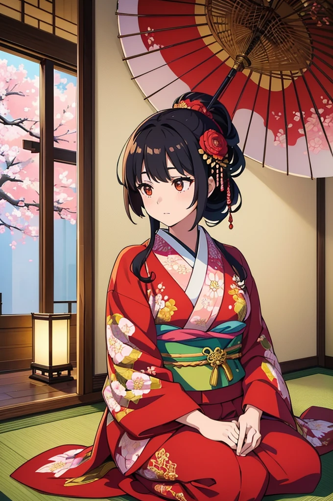 A beautiful Japanese woman is depicted in a vertical, anime-style portrait set in a rich, vibrant background filled with traditional elements. She is dressed in an elaborate, brightly colored kimono adorned with intricate floral patterns and detailed embroidery. The kimono is primarily red with accents of gold, blue, and green, creating a striking and opulent appearance. Her hair is styled in an elaborate updo, adorned with traditional hair ornaments and flowers, enhancing her elegant and regal presence.
The background is a lush, traditional Japanese setting filled with blooming cherry blossoms and ornate decor. On one side of the scene, a large red paper umbrella with white patterns is placed, adding a classic touch to the setting. Traditional Japanese lanterns cast a warm, soft glow, illuminating the intricate details of the woman's kimono and the surrounding decor. The background features a mix of vibrant flowers in red, pink, and green, creating a rich and colorful environment that complements the woman's attire.
The floor is covered with colorful, intricately designed fabrics and traditional tatami mats, adding texture and depth to the scene. The decor elements include golden screens and lacquered furniture, further emphasizing the traditional and luxurious atmosphere. The overall setting is reminiscent of a high-class oiran or courtesan's quarters from the Edo period, adding an element of historical elegance to the scene.
The lighting in the illustration is warm and inviting, casting gentle highlights on the woman's face and the folds of her kimono. The artist employs digital painting techniques to achieve a high level of detail and vibrant colors, particularly in the floral patterns on the kimono and the intricate background elements. The use of soft gradients and subtle brushstrokes adds a sense of depth and realism to the anime-style illustration.
The woman's expression is serene and composed, with large, expressive anime-style eyes that convey a sense