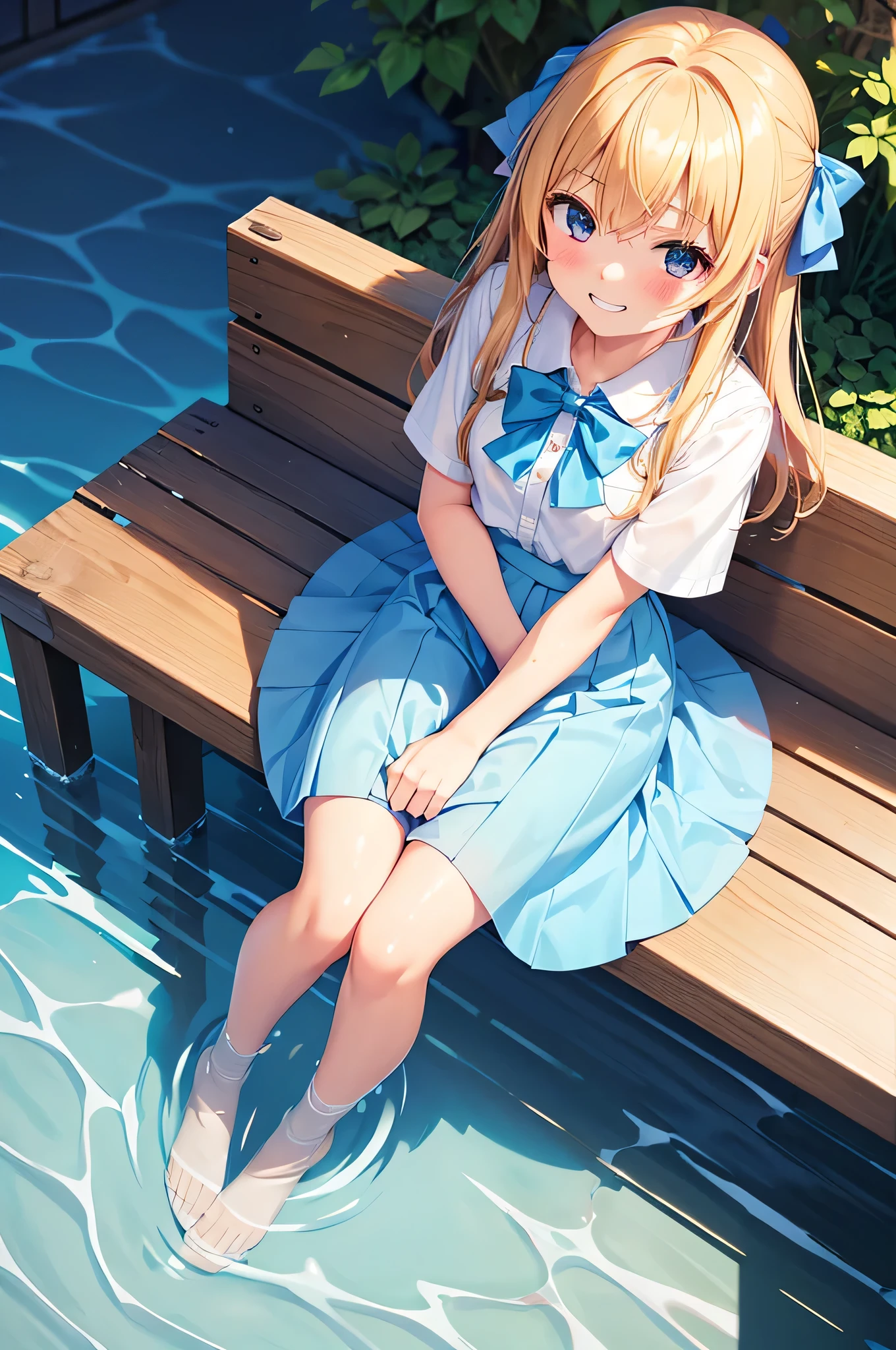 Grin, From above, (Squint your eyes:1.2), close, One Girl, blush, sit, Browsing Caution,beautiful girl　 Wear a uniform, Light blue skirt, Long skirt, small bow, small bow, Anime movies、Wet floor、Wet feet