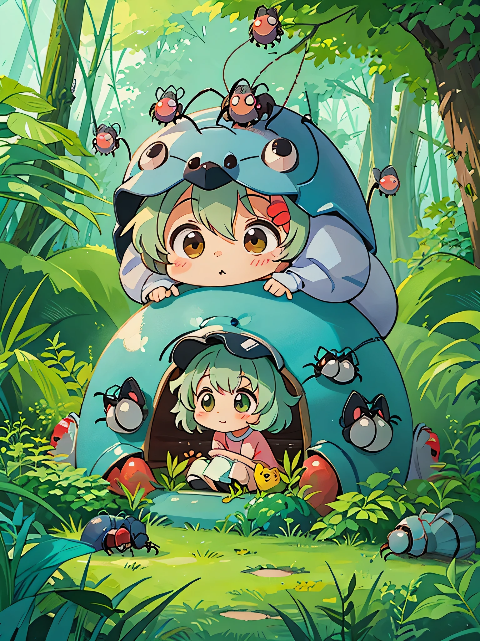 Hayao Miyazaki style, Kawaii Design, The most beautiful girl of all time、chibi, (((Colorful and cute pillbugs))), Totoro Forest