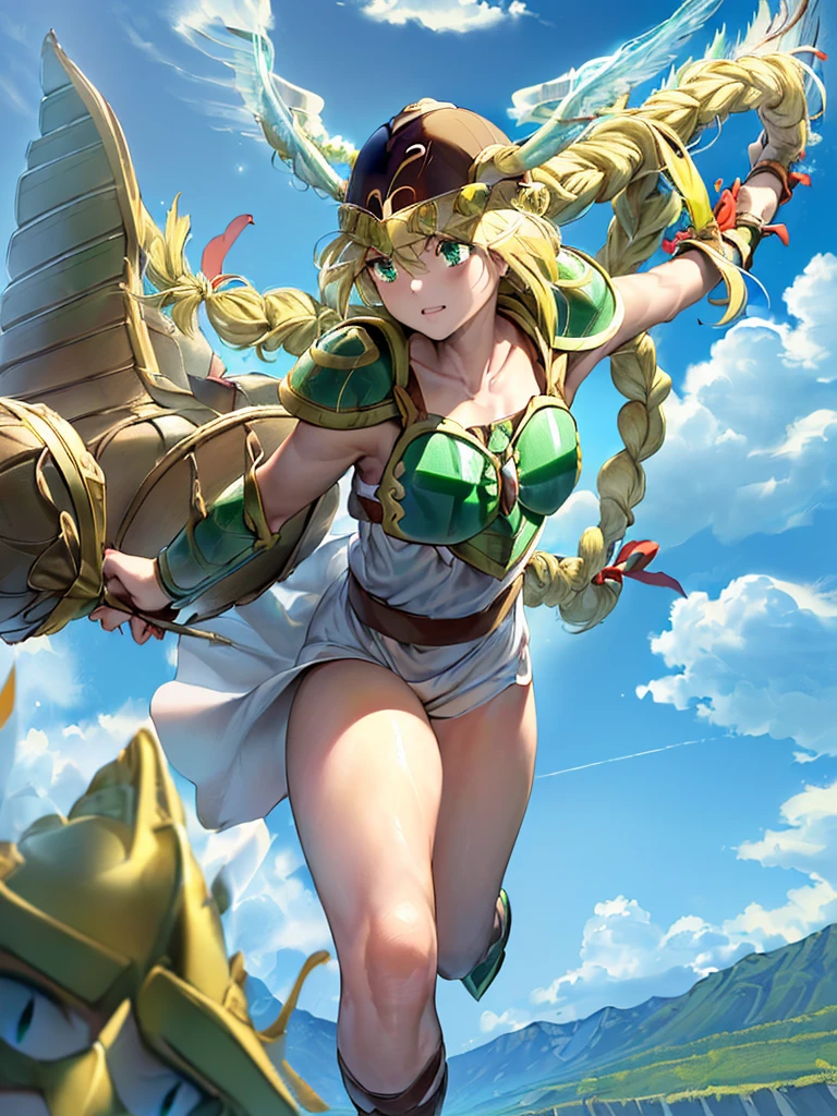 masterpiece,best quality, 1girl, 18yo, beautiful girl,BREAK,(Armor:1.8),(Helmet with wings:1.7),(Beautiful blonde,braid,Green Eyes:1.5),BREAK,(Proud face:1.3),BREAK, (blue sky:1.4),(Running on clouds:1.5),(blue skyに舞う:1.5),
