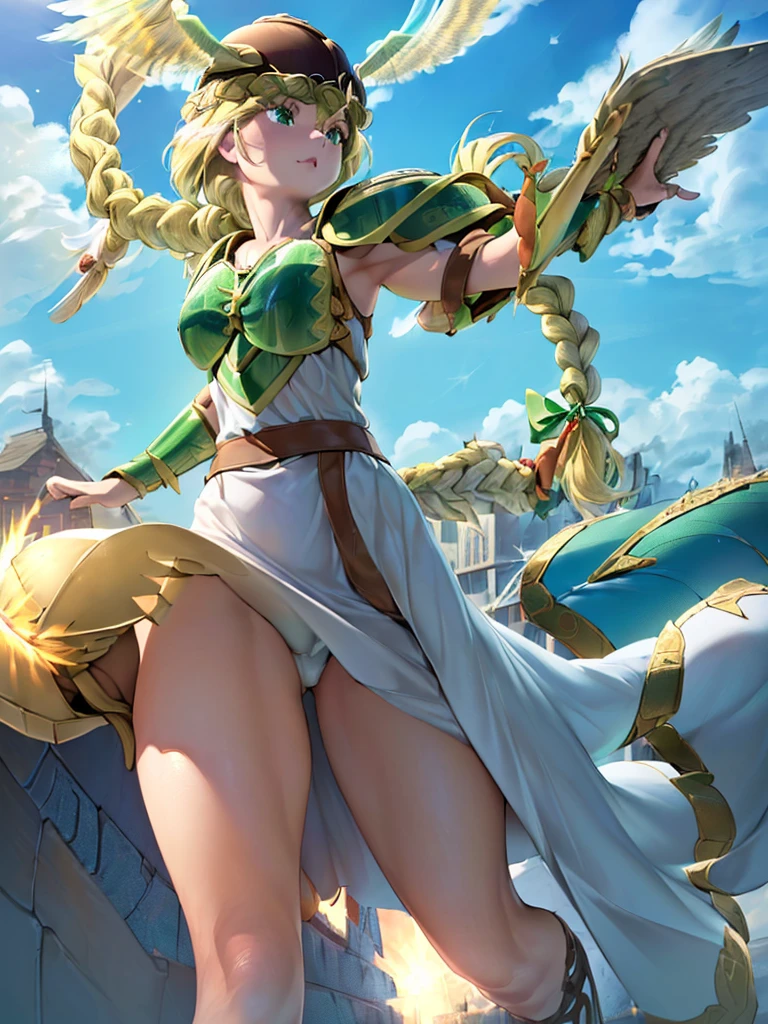 masterpiece,best quality, 1girl, 18yo, beautiful girl,BREAK,(Armor:1.8),(Helmet with wings:1.7),(Beautiful blonde,braid,Green Eyes:1.5),BREAK,(Proud face:1.3),BREAK, (blue sky:1.4),(Running on clouds:1.5),(blue skyに舞う:1.5),
