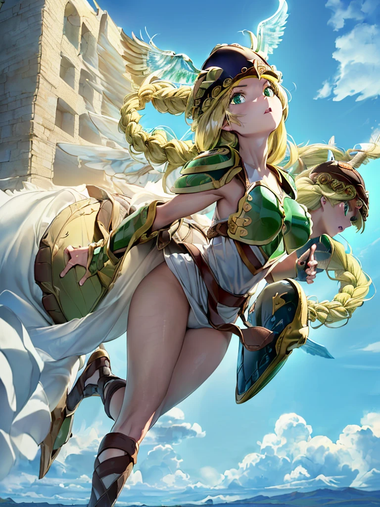 masterpiece,best quality,(1girl:1.9), 18yo, beautiful girl,BREAK,(Armor:1.8),(Helmet with wings:1.7),(Beautiful blonde,braid,Green Eyes:1.5),BREAK,(White Dress,white panties:1.4),BREAK,(blush:1.5), (blue sky:1.2),(Running on clouds:1.3),(move chart:1.3),