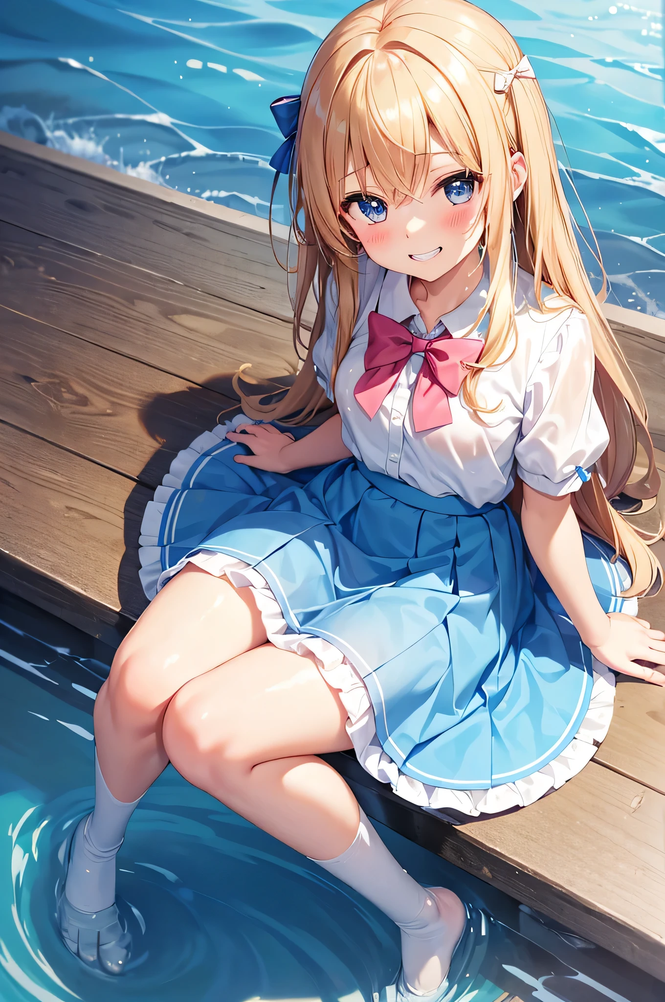 Grin, From above, (Squint your eyes:1.2), close, One Girl, blush, sit, Browsing Caution,beautiful girl Wear a uniform, Light blue skirt, Long skirt, small bow, small bow, Anime movies、Wet floor、Wet feet