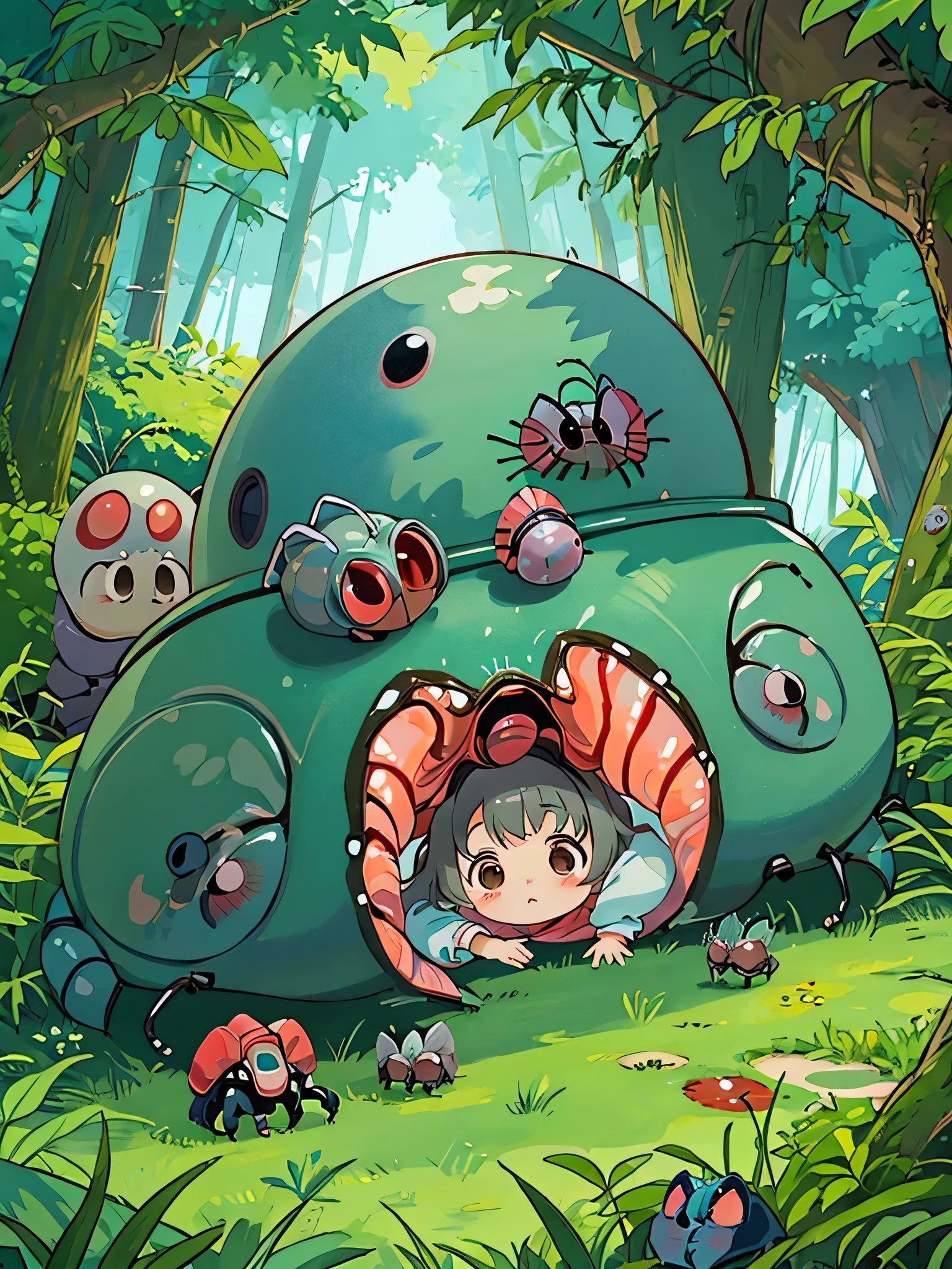 Hayao Miyazaki style, Kawaii Design, The most beautiful girl of all time、chibi, (((Colorful and cute pillbugs))), Totoro Forest