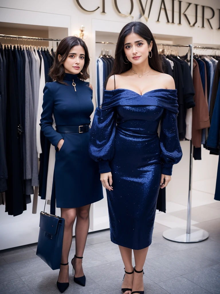 salma hayek, clad in a tight, CadetBlue mini sparkling wine red with stones dress with long sleeves and an off-the-shoulder collar, standing confident, strong posture, gaze, in front of a high-end fashion store,