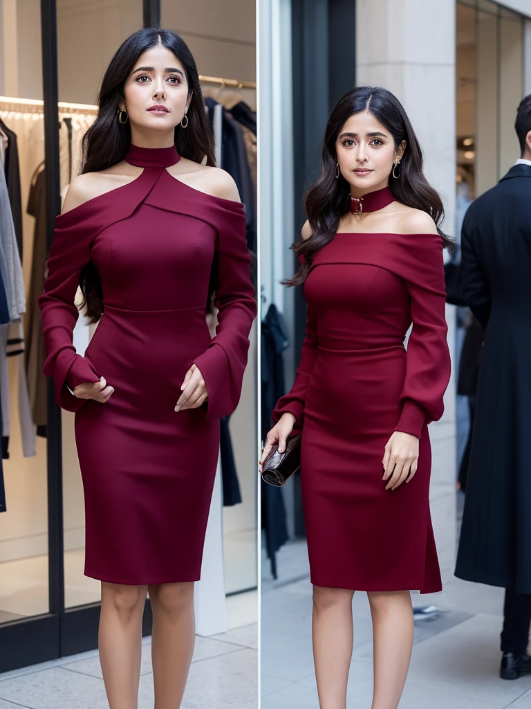 salma hayek, clad in a tight, CadetBlue mini sparkling wine red with stones dress with long sleeves and an off-the-shoulder collar, standing confident, strong posture, gaze, in front of a high-end fashion store,
