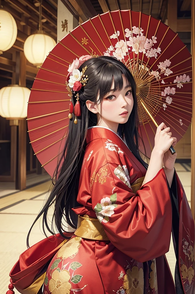 
A beautiful Japanese woman is depicted in a vertical, anime-style portrait set in a rich, vibrant background filled with traditional elements. She is dressed in an elaborate, brightly colored kimono adorned with intricate floral patterns and detailed embroidery. The kimono is primarily red with accents of gold, blue, and green, creating a striking and opulent appearance. Her hair is styled in an elaborate updo, adorned with traditional hair ornaments and flowers, enhancing her elegant and regal presence.

The background is a lush, traditional Japanese setting filled with blooming cherry blossoms and ornate decor. On one side of the scene, a large red paper umbrella with white patterns is placed, adding a classic touch to the setting. Traditional Japanese lanterns cast a warm, soft glow, illuminating the intricate details of the woman's kimono and the surrounding decor. The background features a mix of vibrant flowers in red, pink, and green, creating a rich and colorful environment that complements the woman's attire.

The floor is covered with colorful, intricately designed fabrics and traditional tatami mats, adding texture and depth to the scene. The decor elements include golden screens and lacquered furniture, further emphasizing the traditional and luxurious atmosphere. The overall setting is reminiscent of a high-class oiran or courtesan's quarters from the Edo period, adding an element of historical elegance to the scene.

The lighting in the illustration is warm and inviting, casting gentle highlights on the woman's face and the folds of her kimono. The artist employs digital painting techniques to achieve a high level of detail and vibrant colors, particularly in the floral patterns on the kimono and the intricate background elements. The use of soft gradients and subtle brushstrokes adds a sense of depth and realism to the anime-style illustration.

The woman's expression is serene and composed, with large, expressive anime-style eyes that convey a sense