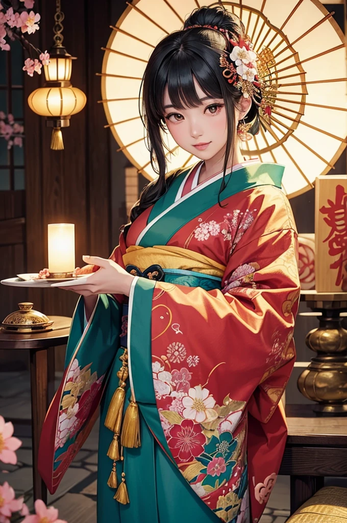 A beautiful Japanese woman is depicted in a vertical, anime-style portrait set in a rich, vibrant background filled with traditional elements. She is dressed in an elaborate, brightly colored kimono adorned with intricate floral patterns and detailed embroidery. The kimono is primarily red with accents of gold, blue, and green, creating a striking and opulent appearance. Her hair is styled in an elaborate updo, adorned with traditional hair ornaments and flowers, enhancing her elegant and regal presence.
The background is a lush, traditional Japanese setting filled with blooming cherry blossoms and ornate decor. On one side of the scene, a large red paper umbrella with white patterns is placed, adding a classic touch to the setting. Traditional Japanese lanterns cast a warm, soft glow, illuminating the intricate details of the woman's kimono and the surrounding decor. The background features a mix of vibrant flowers in red, pink, and green, creating a rich and colorful environment that complements the woman's attire.
The floor is covered with colorful, intricately designed fabrics and traditional tatami mats, adding texture and depth to the scene. The decor elements include golden screens and lacquered furniture, further emphasizing the traditional and luxurious atmosphere. The overall setting is reminiscent of a high-class oiran or courtesan's quarters from the Edo period, adding an element of historical elegance to the scene.
The lighting in the illustration is warm and inviting, casting gentle highlights on the woman's face and the folds of her kimono. The artist employs digital painting techniques to achieve a high level of detail and vibrant colors, particularly in the floral patterns on the kimono and the intricate background elements. The use of soft gradients and subtle brushstrokes adds a sense of depth and realism to the anime-style illustration.
The woman's expression is serene and composed, with large, expressive anime-style eyes that convey a sense