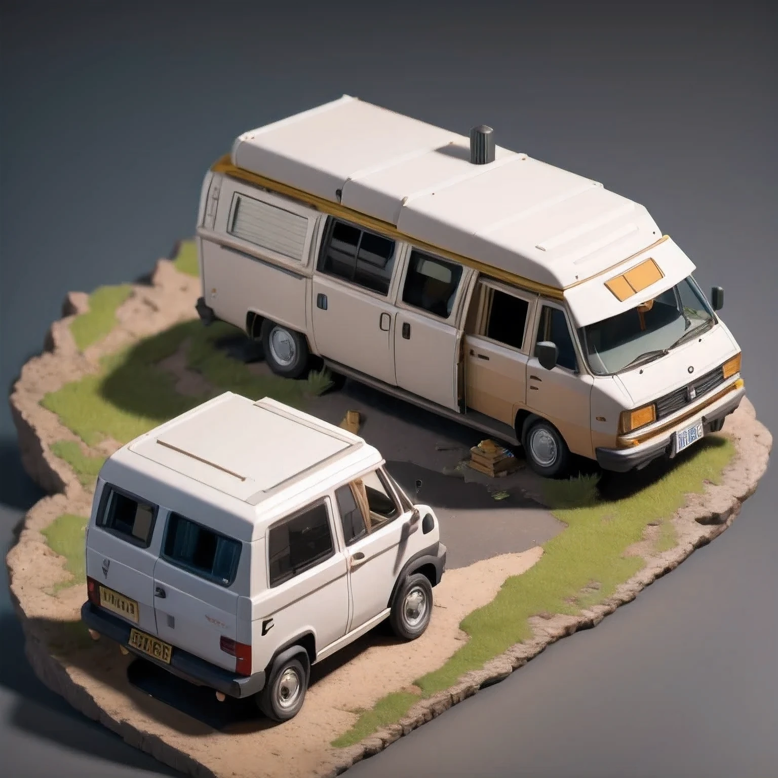 there is a small model of a camper van in a cave, stylized 3d render, 3d illustration, 3 d illustration, highly detailed diorama, 3 d low poly render, 3d low poly render, low poly 3 d, highly detailed sculpey diorama, lowpoly, low poly render, diorama model, low poly 3 d render, diorama