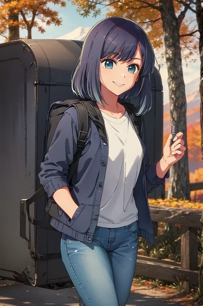 girl, jeans, black down jacket, autumn, mountain, smile, backpack