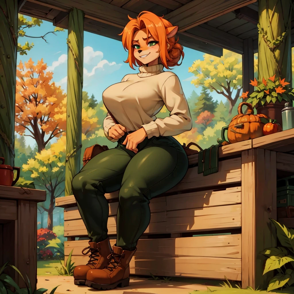  sancy anthro bandicoot girl redhead, braided hair, beautiful green eyes, sexy ,seductive, warm sweater, , camouflage pants, army boots, , Cozy autumn atmosphere, , the forest, autumn , Girl in sweater, ,trousers, army boots, furry anthro bandicoot, seductive facial expression wide grin , hands to pants,Unzipped Pants, dynamic pose, 