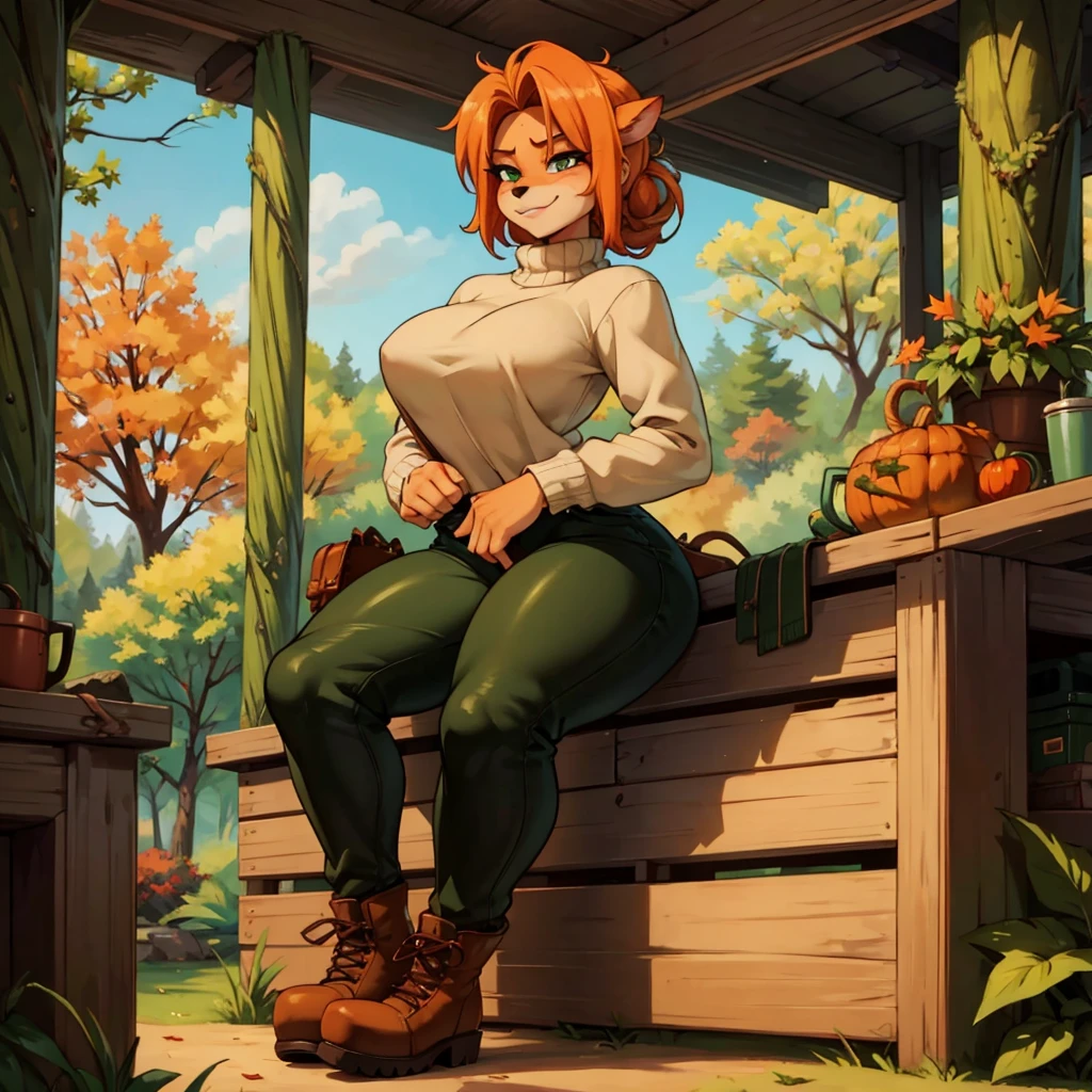 sancy anthro bandicoot girl redhead, braided hair, beautiful green eyes, sexy ,seductive, warm sweater, , camouflage pants, army boots, , Cozy autumn atmosphere, , the forest, autumn , Girl in sweater, ,trousers, army boots, furry anthro bandicoot, seductive facial expression wide grin , hands to pants,Unzipped Pants, dynamic pose,