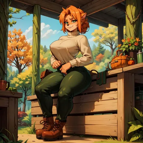 sancy anthro bandicoot girl redhead, braided hair, beautiful green eyes, sexy ,seductive, warm sweater, , camouflage pants, army...