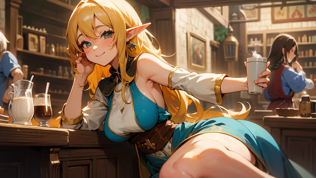 Anime Style,Nostalgic,Detailed background,The medieval world,A lively coffee shop with lots of people,Smiling bard beautiful elf girl holding coffee,Large Breasts,Healthy thighs,Underarm