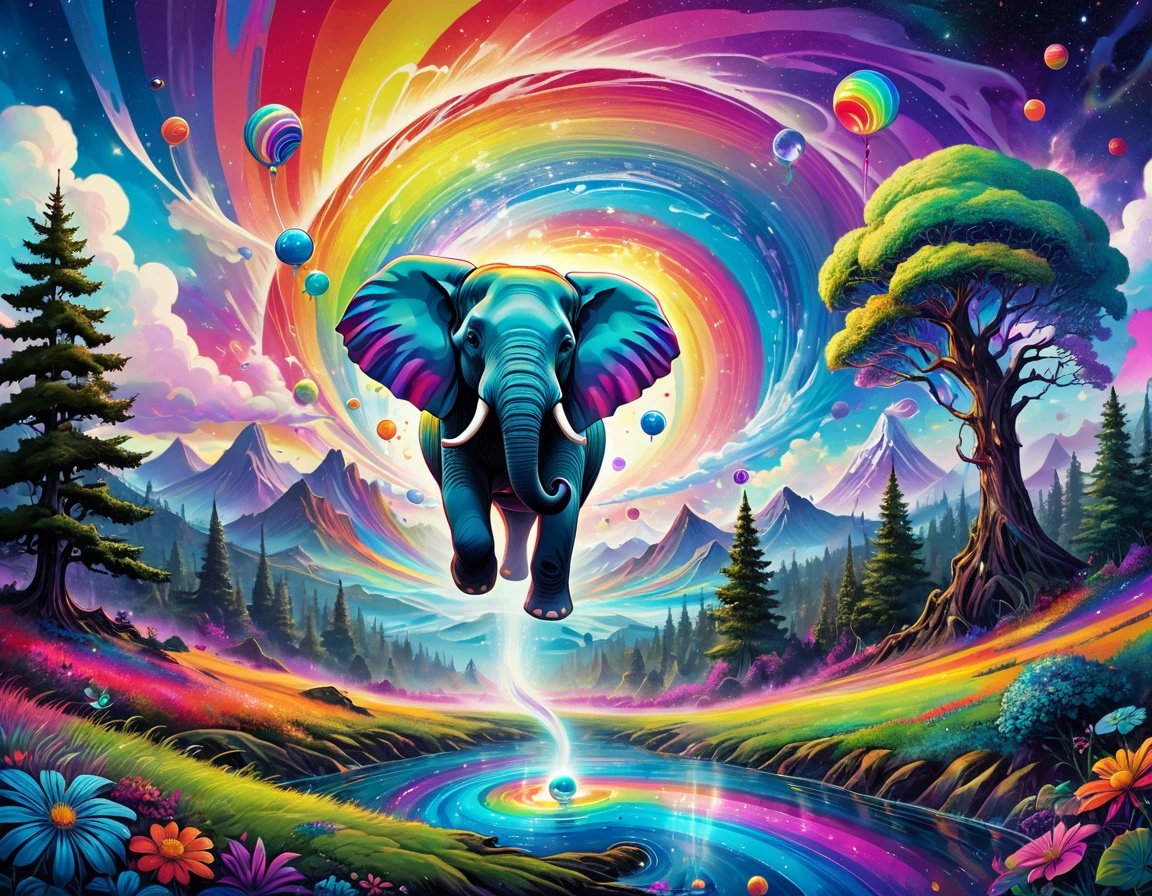 Drawing of an elephant flying in the sky with a rainbow ball, 🐋 as 🐘 as 🤖 as 👽 as 🐳, beeple 和 jeremiah ketner, psychedelic aesthetic, Psychedelic Trip, This is a profound dream, extremely psychedelic experience, Psychedelic Art, Psychedelic Fever Dream, Beeple 和 James Jean, Psychedelic atmosphere, Cosmic ??? Poster Art, Psychedelic cosmic horror spiral galaxy painting,Trees and mountains in the background, swirling nature magic, Rotate the scene, psychedelic aesthetic, Colorful as the universe, Vortex Water Universe, Mysterious vortex, Psychedelic Art风格, Rotate the scene in forest, psychedelic landscape, spiral heavens, Cosmic Colors, psychedelic sky, Colorful swirl magical clouds, Optical illusion art, Psychedelic bright colors