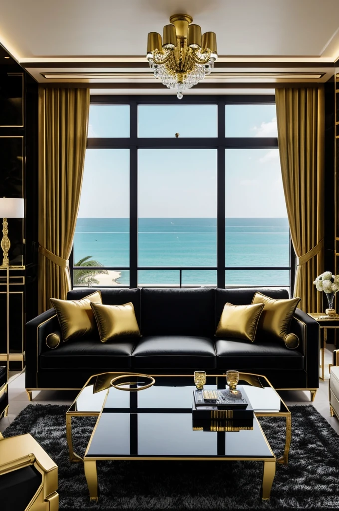 Luxurious living room, black and gold-plated tone , There are big glasses overlooking the sea , Chairman's desk and chair set