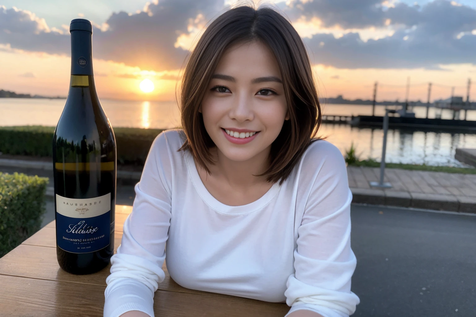 ((Highest quality、、masterpiece:1.3))、1 male、1 female、42 years old 39 years old、Slim Beauty、Beautiful couple、smile、 (Slim face), (the body is スリム), (Brown Hair), (Shortcuts), テーブルのフルコースディナーとwine glass、Amazing view of the sunset sky and clouds、smileの美しさ、Wine bottle、sparkling wine、Long sleeve shirt、dress、White wine, red wine, wine glass, Beautiful fine grain, Depth f/2,saturation, High Contrast, Strong light and shadow,Moist Body:1.5、3D texture、Delicate eyes、Brown Hair、The hair is very shiny、