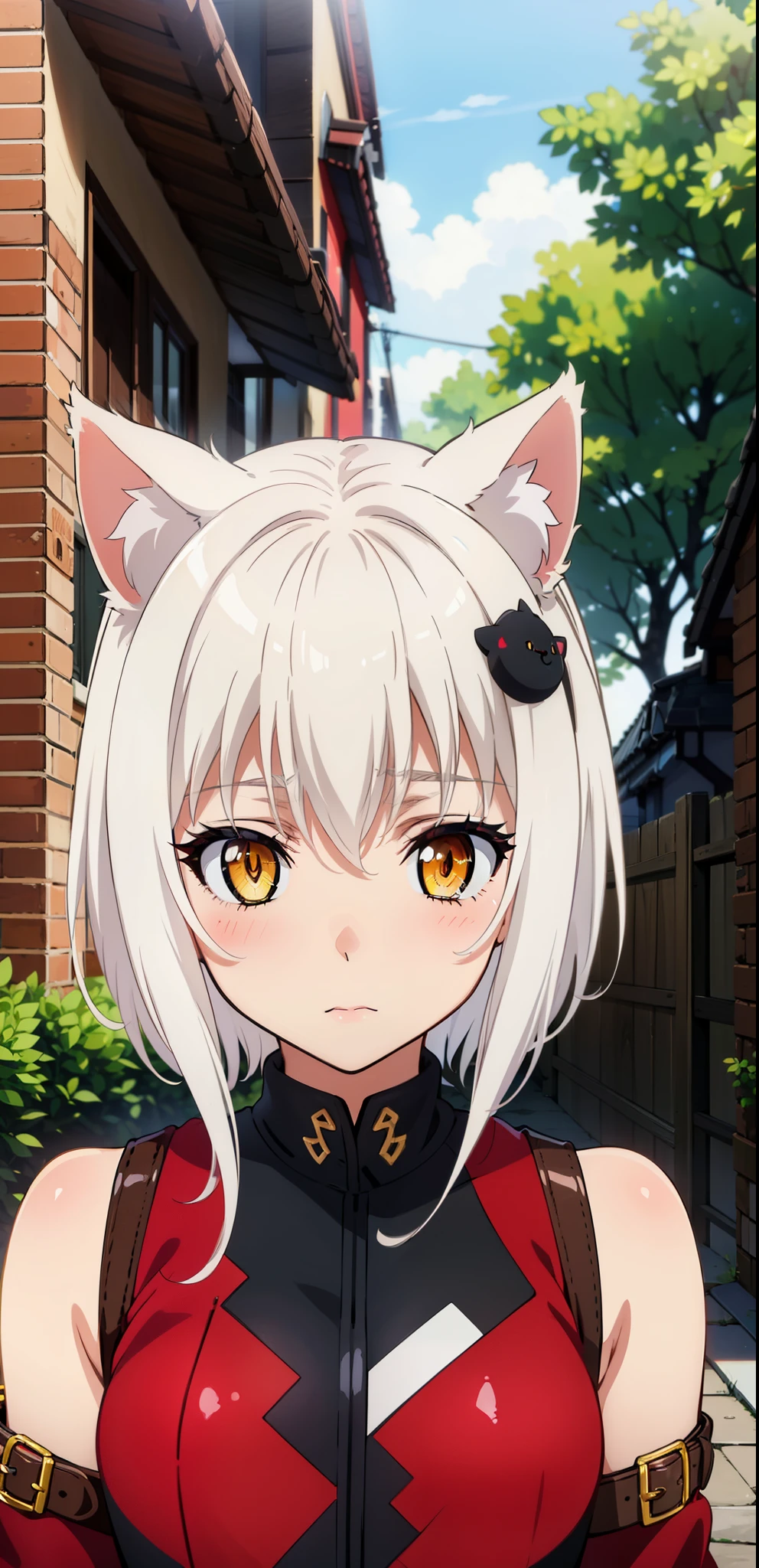 best quality, (masterpiece:1.2), highly detailed, cat ears, 1girl, tojou koneko, yellow eyes, white hair, short hair, hair ornament, 20-year-old, healthy skin, blushed,(ringed eyes ),((leather clothes)), outdoors