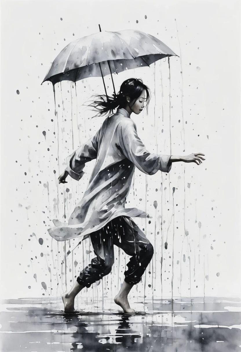 中国Ink Painting, Gray and White, Minimum,White background,Waterway, Minimalism, Huge negative space, Ink Painting, Abstract,heavy rain,A person dancing in the rain