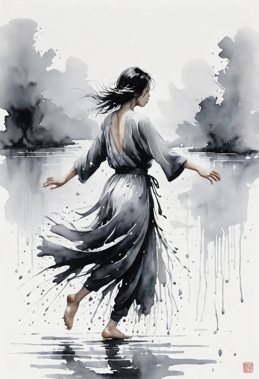 中国Ink Painting, Gray and White, Minimum,White background,Waterway, Minimalism, Huge negative space, Ink Painting, Abstract,heavy rain,A person dancing in the rain