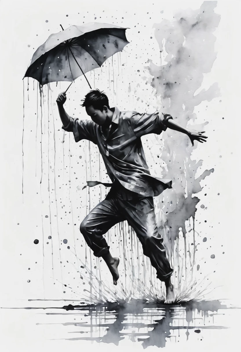 中国Ink Painting, Gray and White, Minimum,White background,Waterway, Minimalism, Huge negative space, Ink Painting, Abstract,heavy rain,A person dancing in the rain