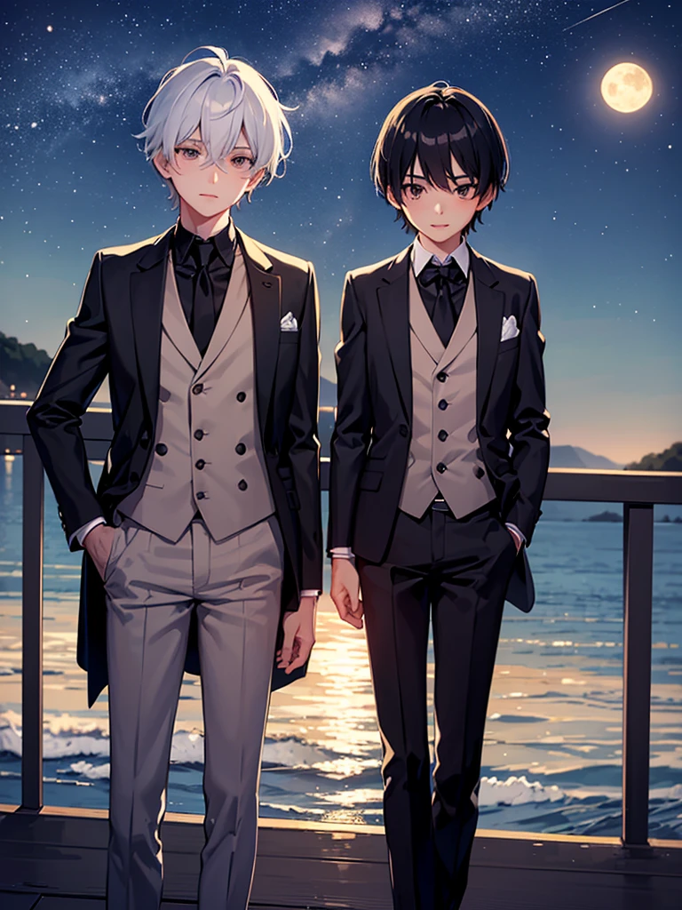 two boys watching the sea from a bridge together at a Starry beautiful night with falling stars and shining moon along with the sea water glowing from the moon shine, one boy looking at the other boy, both boys wondering, chill sensation, calm, quite, serene, beautiful perfect illustration, half body, elegant look, wearing blazers and ties, formal outfits, extravagant, upper body shot, one boy looking at the viewer