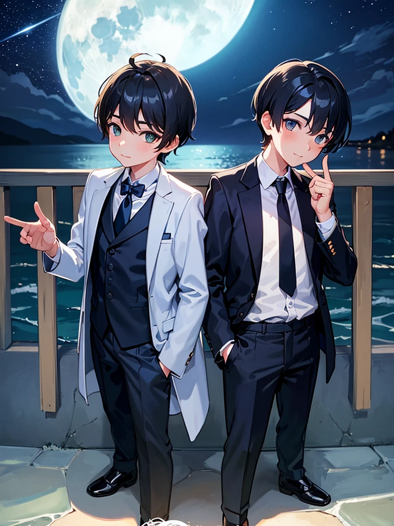 two boys watching the sea from a bridge together at a Starry beautiful night with falling stars and shining moon along with the sea water glowing from the moon shine, one boy looking at the other boy, both boys wondering, chill sensation, calm, quite, serene, beautiful perfect illustration, half body, elegant look, wearing blazers and ties, formal outfits, extravagant, upper body shot, one boy looking at the viewer