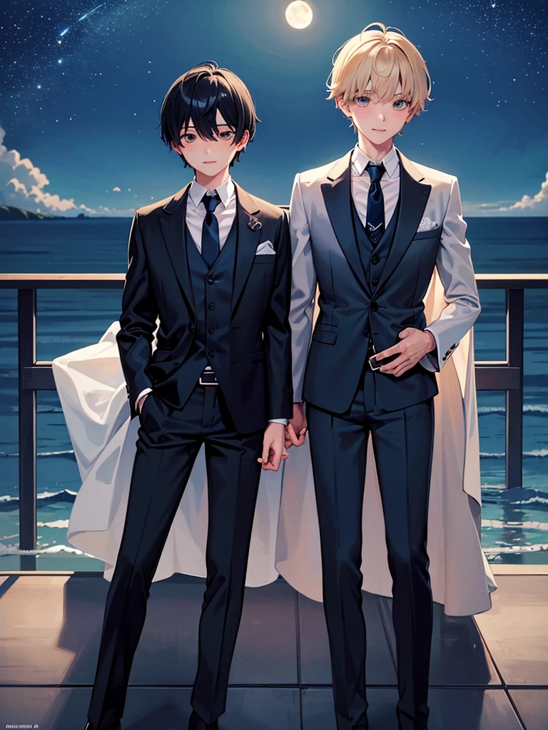 two boys watching the sea from a bridge together at a Starry beautiful night with falling stars and shining moon along with the sea water glowing from the moon shine, one boy looking at the other boy, both boys wondering, chill sensation, calm, quite, serene, beautiful perfect illustration, half body, elegant look, wearing blazers and ties, formal outfits, extravagant, upper body shot, one boy looking at the viewer
