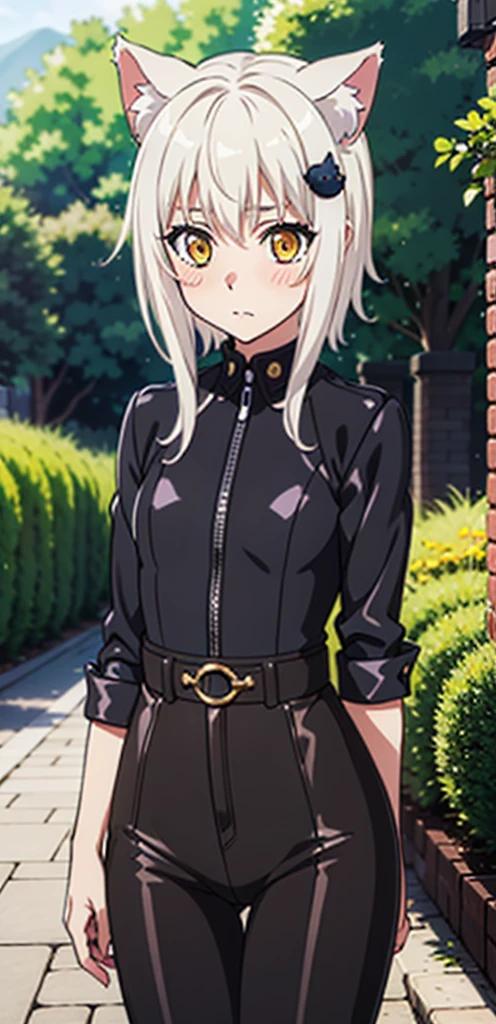 best quality, (masterpiece:1.2), highly detailed, cat ears, 1girl, tojou koneko, yellow eyes, white hair, short hair, hair ornament, 20-year-old, healthy skin, blushed,(ringed eyes ),((leather outfit)), outdoors