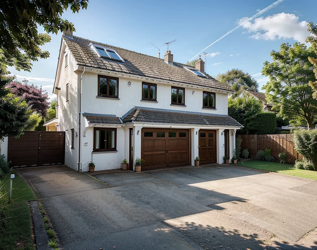 Draw a beautiful three bedroom house in small English town, with beautiful nature. House also has a garage at the right corner at the end of the driveway. Big window on the first floor. Medium size house. Single storey house.