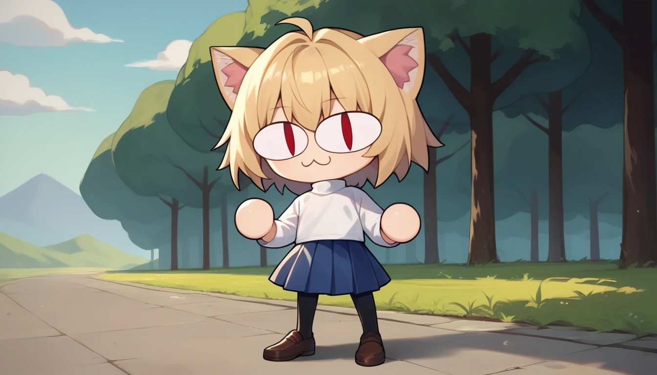 score_9, score_8_up, score_7_up, score_6_up, score_5_up, score_4_up, BREAK, 1boy, solo, necoarc, lit pupils, cat ears, blonde hair, red eyes, :3, turtleneck, blue skirt, pleated skirt, pantyhose, brown footwear, highlight thighs, landscape, in a neighborhood, cool pose, chibi