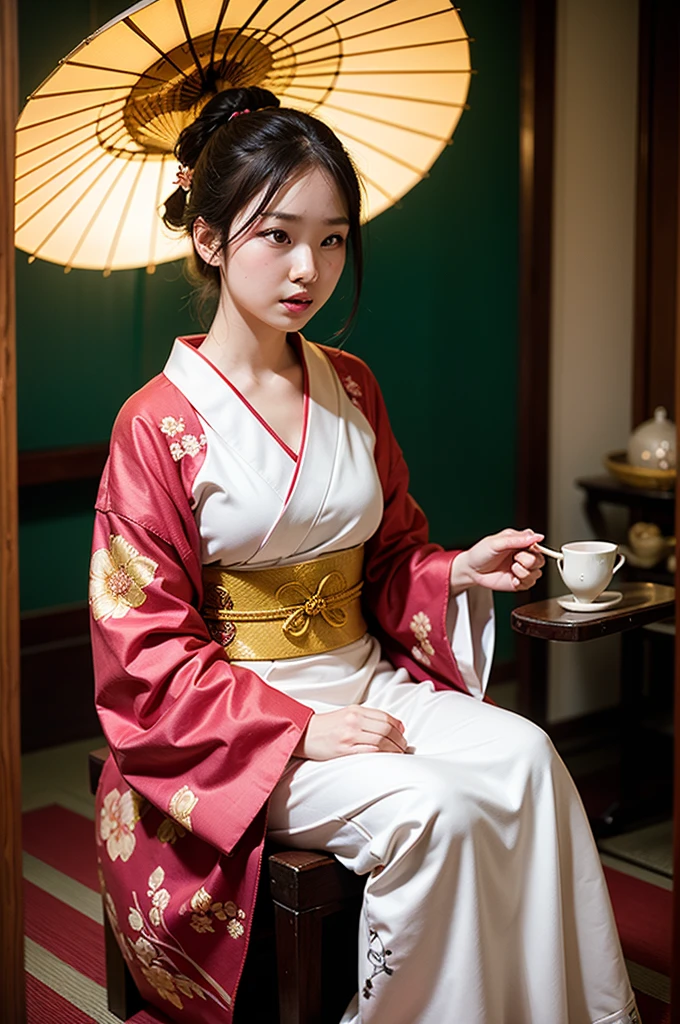 
A beautiful Japanese woman is depicted in a vertical, anime-style portrait set in a rich, vibrant background filled with traditional elements. She is dressed in an elaborate, brightly colored kimono adorned with intricate floral patterns and detailed embroidery. The kimono is primarily red with accents of gold, blue, and green, creating a striking and opulent appearance. Her hair is styled in an elaborate updo, adorned with traditional hair ornaments and flowers, enhancing her elegant and regal presence.

The background is a lush, traditional Japanese setting filled with blooming cherry blossoms and ornate decor. On one side of the scene, a large red paper umbrella with white patterns is placed, adding a classic touch to the setting. Traditional Japanese lanterns cast a warm, soft glow, illuminating the intricate details of the woman's kimono and the surrounding decor. The background features a mix of vibrant flowers in red, pink, and green, creating a rich and colorful environment that complements the woman's attire.

The floor is covered with colorful, intricately designed fabrics and traditional tatami mats, adding texture and depth to the scene. The decor elements include golden screens and lacquered furniture, further emphasizing the traditional and luxurious atmosphere. The overall setting is reminiscent of a high-class oiran or courtesan's quarters from the Edo period, adding an element of historical elegance to the scene.

The lighting in the illustration is warm and inviting, casting gentle highlights on the woman's face and the folds of her kimono. The artist employs digital painting techniques to achieve a high level of detail and vibrant colors, particularly in the floral patterns on the kimono and the intricate background elements. The use of soft gradients and subtle brushstrokes adds a sense of depth and realism to the anime-style illustration.

The woman's expression is serene and composed, with large, expressive anime-style eyes that convey a sense