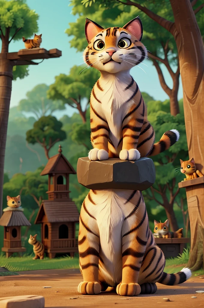 Baghu(cat) bravely standing in front of the big tiger, with the other forest animals dear, rabbit , birds watching in awe and admiration. The scene shows Baghu(cat) looking up at the tiger with a determined expression. Single cat and tiger