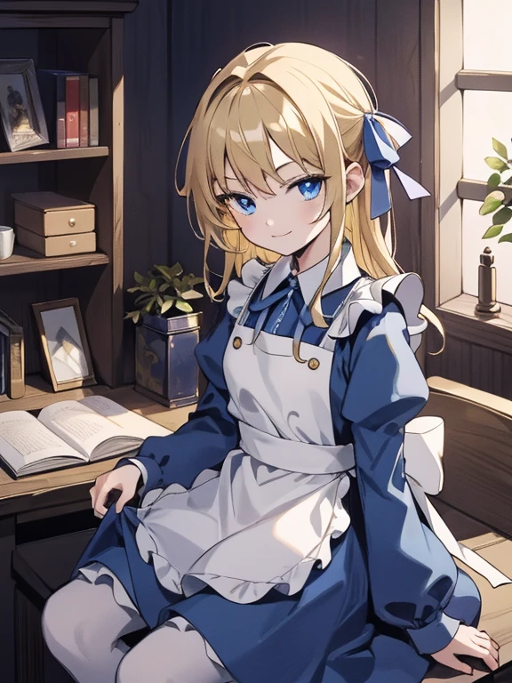 masterpiece, Highest quality, Very detailed, 16K, Ultra-high resolution, Cowboy Shot, Alice in Wonderland, (Luminism:1.5), , Detailed face, Mischievous Smile, blue eyes, Blonde, Vertical Roll, Ribbon on head, Blue clothes, Plain white apron, 大きなclockのある部屋で, clock, 壁clock