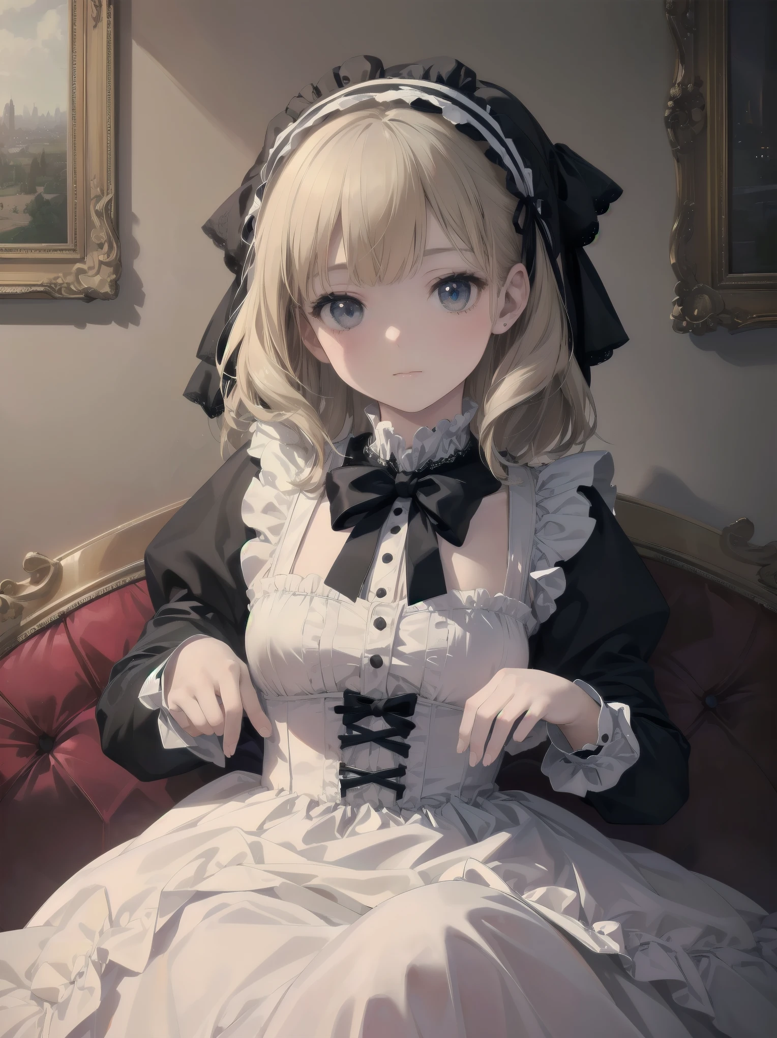 best quality, super fine, 16k, RAW photo, photorealistic, incredibly absurdres, extremely detailed, delicate, flashy and dynamic depiction, very cute black maid, shy, black maid uniform, veil, bonnet, long skirt, lace, embroidery, frills, blonde hair tied up braided, Gothic, Romanesque, Baroque, Renaissance, Rococo, Art Nouveau, shining big round blue eyes, superlative body proportion, background fairytale fantasy, flower bed in the mansion