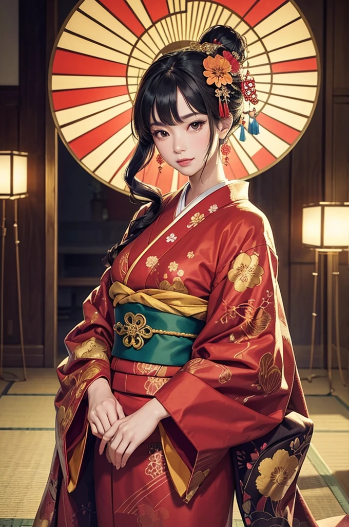 
A beautiful Japanese woman is depicted in a vertical, anime-style portrait set in a rich, vibrant background filled with traditional elements. She is dressed in an elaborate, brightly colored kimono adorned with intricate floral patterns and detailed embroidery. The kimono is primarily red with accents of gold, blue, and green, creating a striking and opulent appearance. Her hair is styled in an elaborate updo, adorned with traditional hair ornaments and flowers, enhancing her elegant and regal presence.

The background is a lush, traditional Japanese setting filled with blooming cherry blossoms and ornate decor. On one side of the scene, a large red paper umbrella with white patterns is placed, adding a classic touch to the setting. Traditional Japanese lanterns cast a warm, soft glow, illuminating the intricate details of the woman's kimono and the surrounding decor. The background features a mix of vibrant flowers in red, pink, and green, creating a rich and colorful environment that complements the woman's attire.

The floor is covered with colorful, intricately designed fabrics and traditional tatami mats, adding texture and depth to the scene. The decor elements include golden screens and lacquered furniture, further emphasizing the traditional and luxurious atmosphere. The overall setting is reminiscent of a high-class oiran or courtesan's quarters from the Edo period, adding an element of historical elegance to the scene.

The lighting in the illustration is warm and inviting, casting gentle highlights on the woman's face and the folds of her kimono. The artist employs digital painting techniques to achieve a high level of detail and vibrant colors, particularly in the floral patterns on the kimono and the intricate background elements. The use of soft gradients and subtle brushstrokes adds a sense of depth and realism to the anime-style illustration.

The woman's expression is serene and composed, with large, expressive anime-style eyes that convey a sense