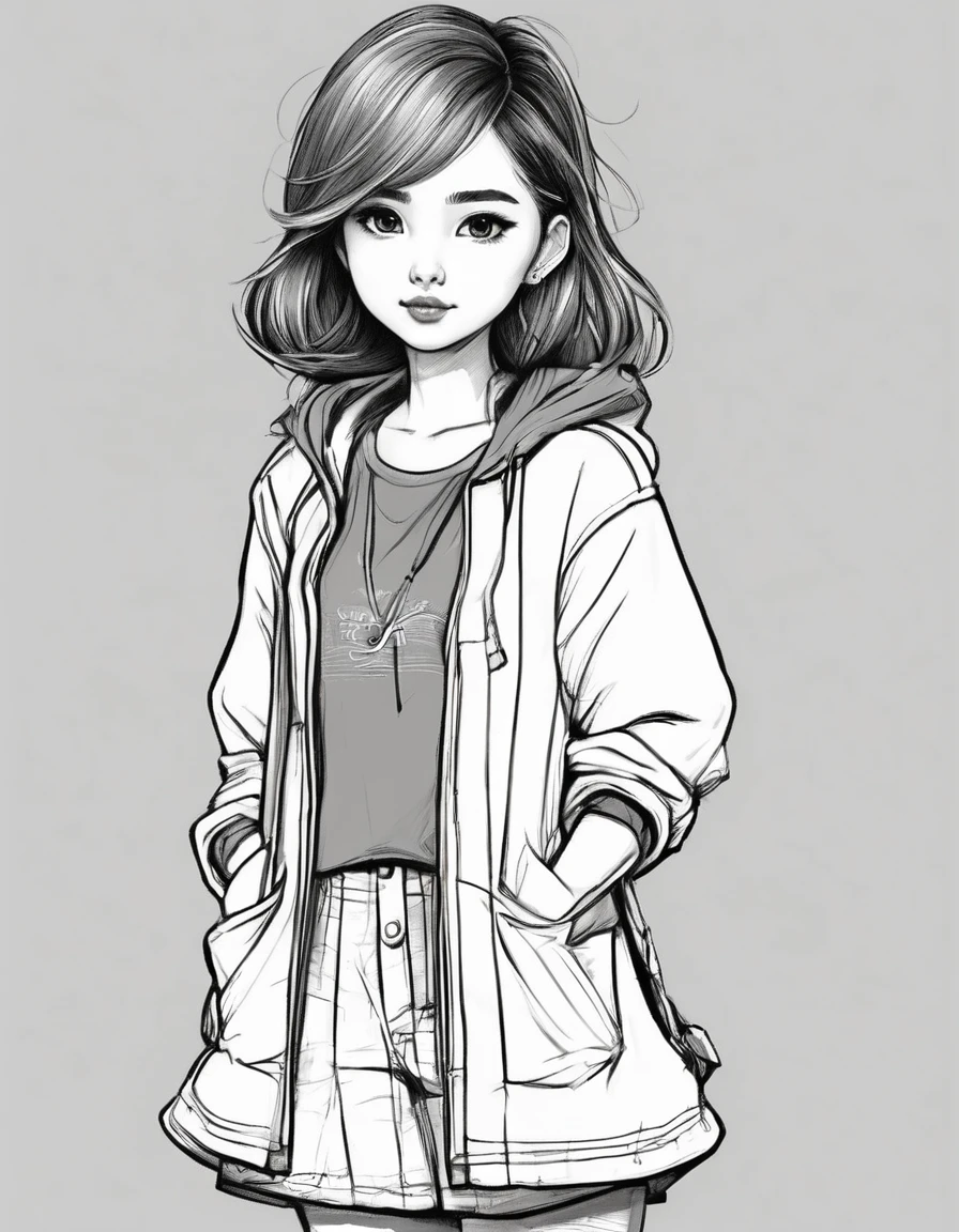 character concept design, line art，Clothing model，High-quality illustrationeticuloso，pencil drawing，pen painting，cute  girl