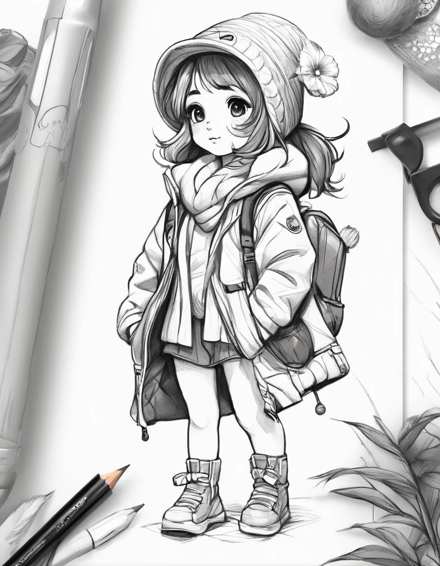 character concept design, line art，Clothing model，High-quality illustrationeticuloso，pencil drawing，pen painting，cute small girl