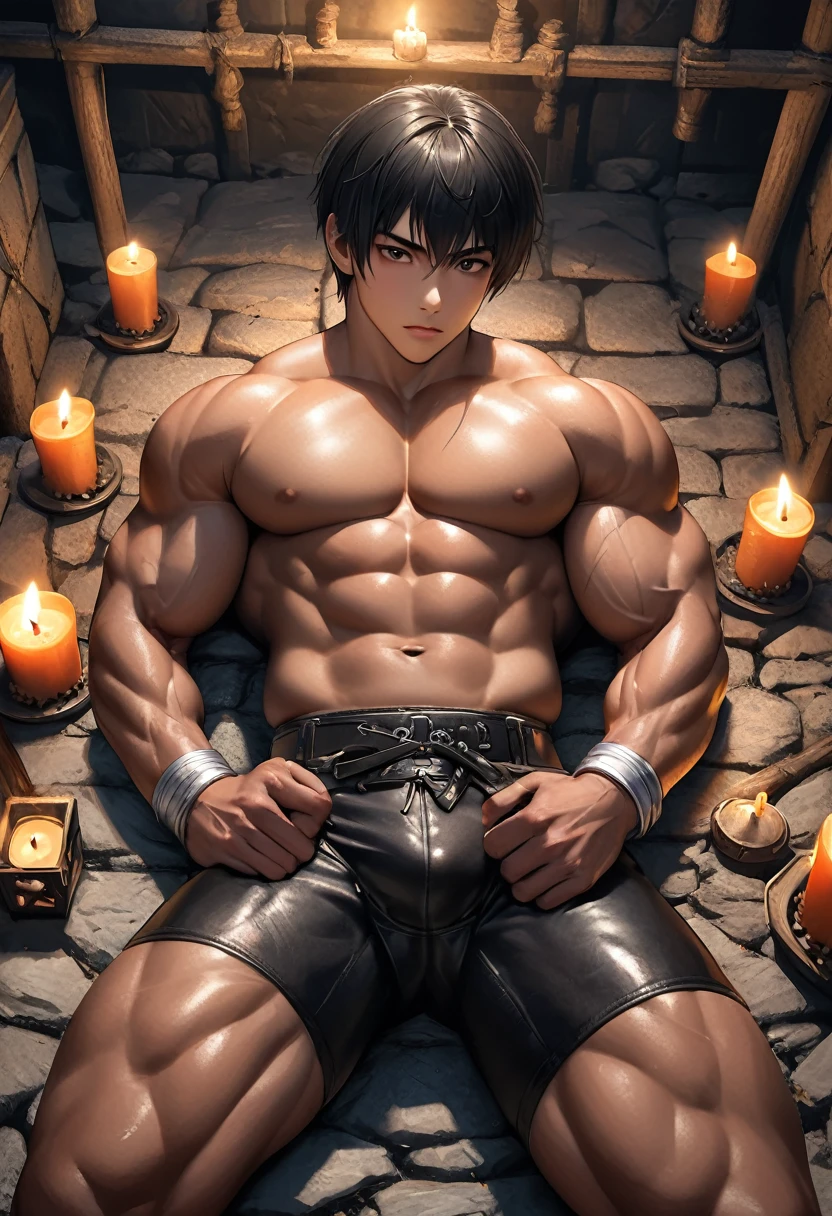 high quality, detailed, Realistic,flexing, (19 years old japanese bulky wrestler boy), (detailed black eyes), (black short hair), (muscle:1.5), (dark skin), dungeon, (leather tiny thongs), (bulge:1.2), candle, detailed nipples, laying, erected,