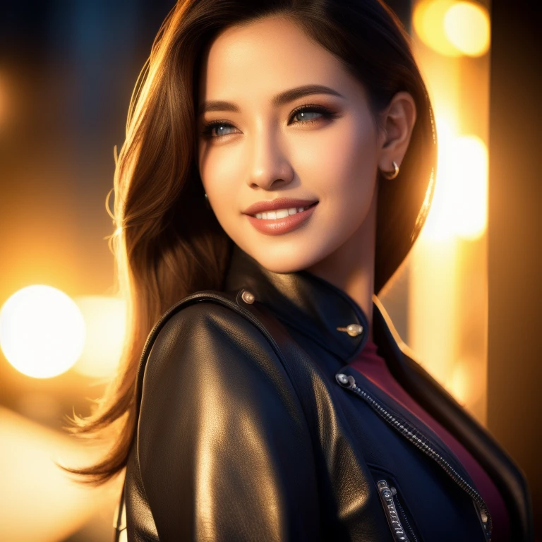 a gorgeous busty woman, beautiful detailed eyes, beautiful detailed lips, extremely detailed face, long eyelashes, ponytail, leather jacket, lady bikers, beautiful detailed smile, beautiful detailed teeth, pov, lovers, cinematic dramatic lighting, best quality, 4k, 8k, highres, masterpiece, ultra-detailed, realistic, photorealistic, photo-realistic, hdr, uhd, studio lighting, ultra-fine painting, sharp focus, physically-based rendering, extreme detail description, professional, vivid colors, bokeh, portrait, photorealistic, cinematic