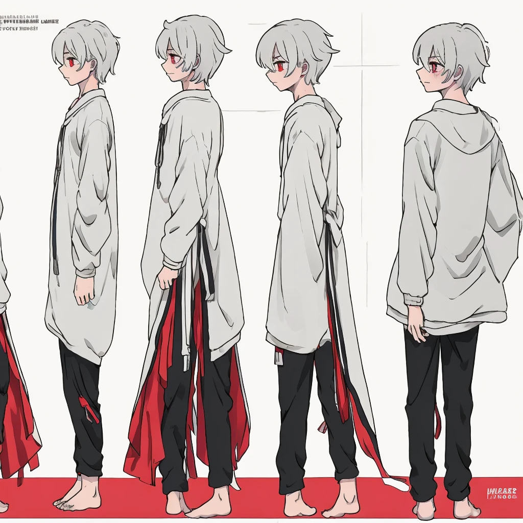 2D model reference sheet of anime boy, silver hair, ahoge, red eyes, cheek barcode, white oversized sweatshirt and pants, barefoot, front side and back views, turnaround, white background