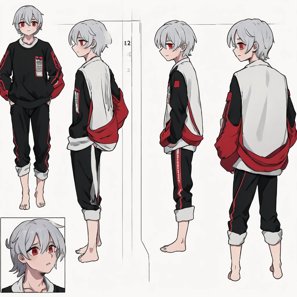 2D model reference sheet of anime boy, silver hair, ahoge, red eyes, cheek barcode, white oversized sweatshirt and pants, barefoot, front side and back views, turnaround, white background