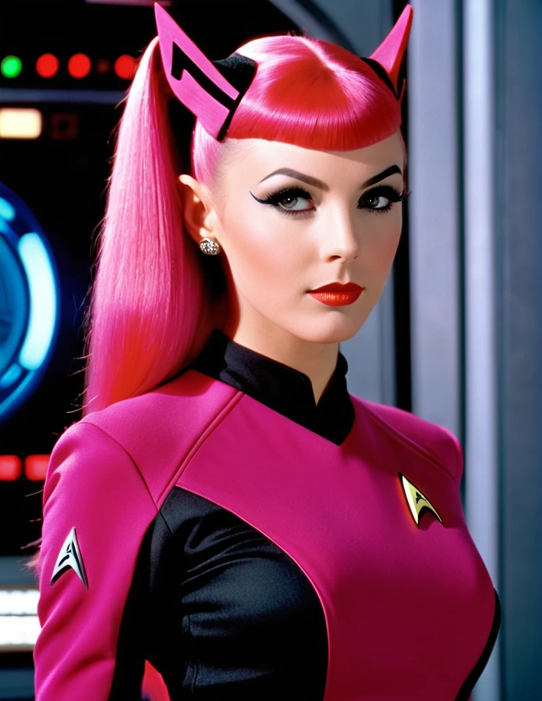very attractive 25 year old vulcan girl with long bright pink hair, side, vulcan girl, star trek ,  (twokunf red uniform:1.25),black pants pointy ears, white shoulder band, pointed eyebrows, photo quality