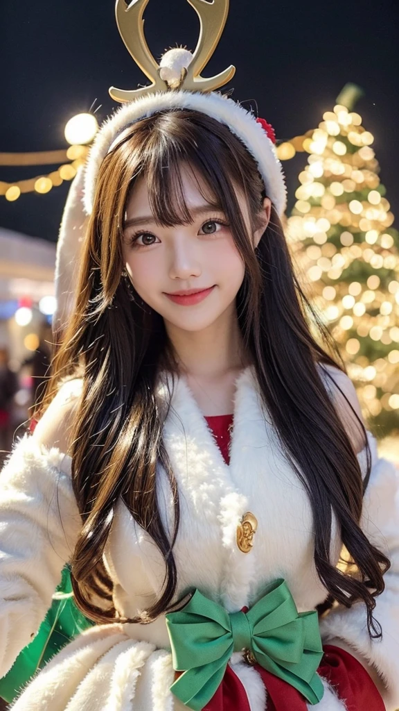 Santa Costume,Snowflake background、Christmas tree、Reindeer ears、.Twinkle lights、smile、Mint Candy、Christmas wreath、Long Wavy Hair、Gold Accessories、