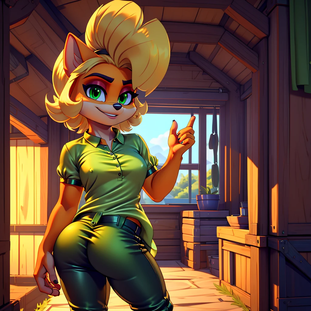 (masterpiece), (high Res), (4k), (ultra realistic), bandicoot, green eyes, blonde hair, showing butt to camera, (((green satin blouse and leather pants))), seductive smirk, (((solo)))