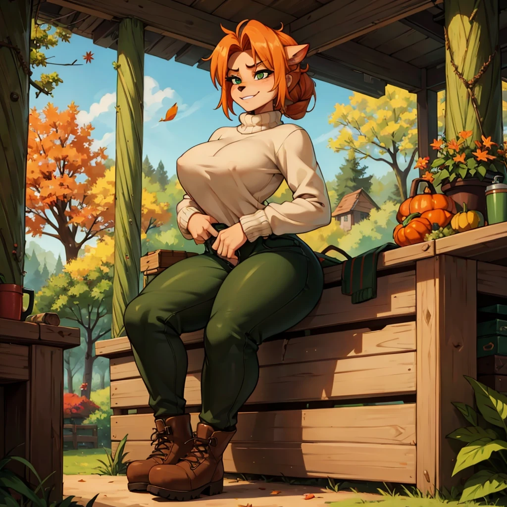  sancy anthro bandicoot girl redhead, braided hair, beautiful green eyes, ???? ,?????????, warm sweater, , camouflage pants, army boots, , Cozy autumn atmosphere, , the forest, autumn , Girl in sweater, ,trousers, army boots, furry anthro bandicoot, ????????? facial expression wide grin , hands to pants,Unzipped Pants, dynamic pose, 