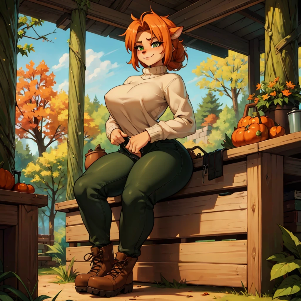  sancy anthro bandicoot girl redhead, braided hair, beautiful green eyes, ???? ,seductive, warm sweater, , camouflage pants, army boots, , Cozy autumn atmosphere, , the forest, autumn , Girl in sweater, ,trousers, army boots, furry anthro bandicoot, seductive facial expression wide grin , hands to pants,Unzipped Pants, dynamic pose, 