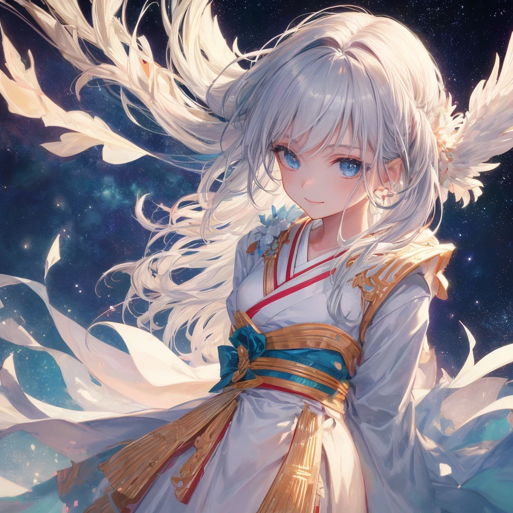 art by Cornflower,(​masterpiece),(top-quality:1.2),(4k anime),(perfect anatomy),((arms behind back)),(a girl in a white kimono),beautiful detailed blue eyes,white mesh hair, ponytail hair,cute face,(Highly detailed elegant),an extremely delicate and beautiful,Beautiful and realistic skin, Silky to the touch,sideways glance,view from below,Through delicate lines and gorgeous colors,Make her beauty more vivid,Captivating smile,create an ethereal atmosphere like a dream,(starrysky),light falls from the sky,milky way