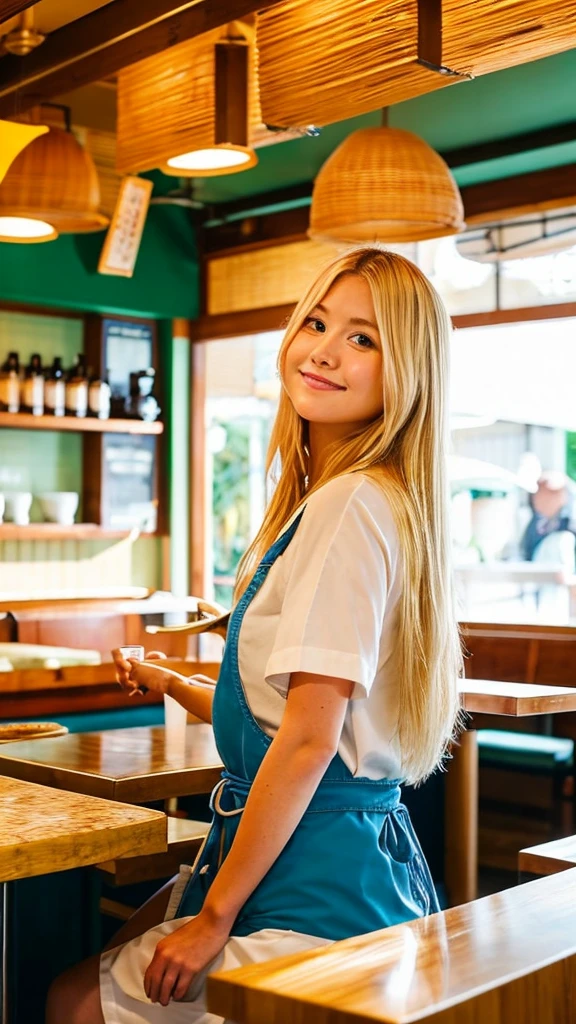  Emily, sitting at the counter of the udon restaurant, watching the chef prepare fresh udon noodles, her expression one of admiration and curiosity. Her long, blonde hair and sun-kissed skin shine in the warm restaurant light. She is wearing a light, breezy summer outfit suitable for the season.